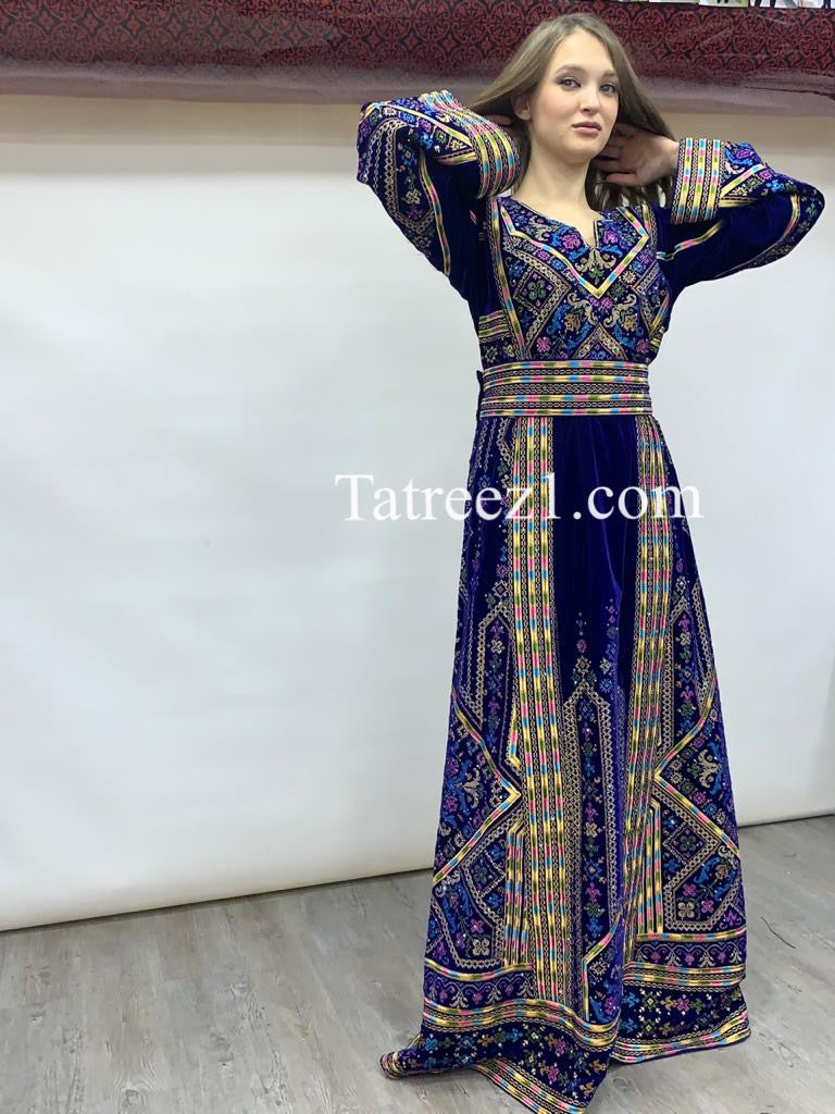 Blue Embroidery Velvet Stones  Long Thoub