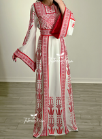 Load image into Gallery viewer, Traditional Red Embroidery Thoub Stone Wide Sleeve Elegant with Reversible Belt
