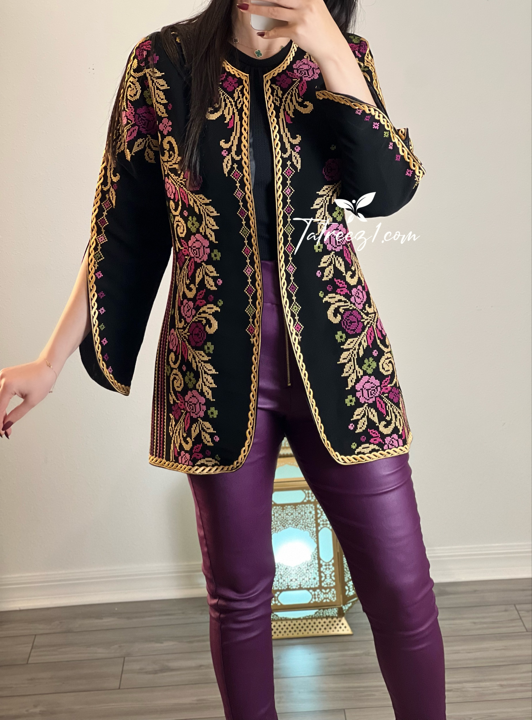 Stunning Long Jacket Purple Flowers Embroidery