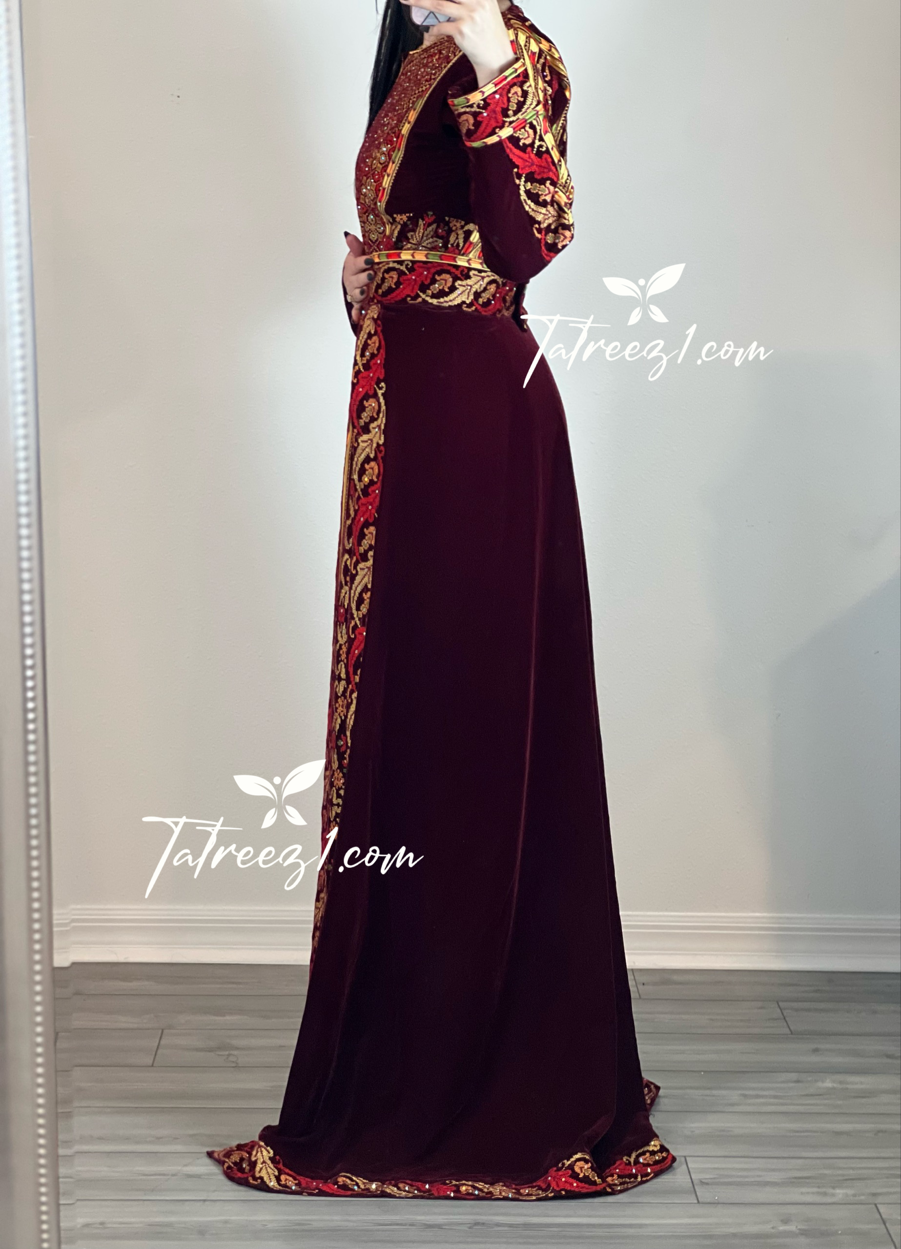 Maroon Stunning Velvet Thoub With Removable Skirt