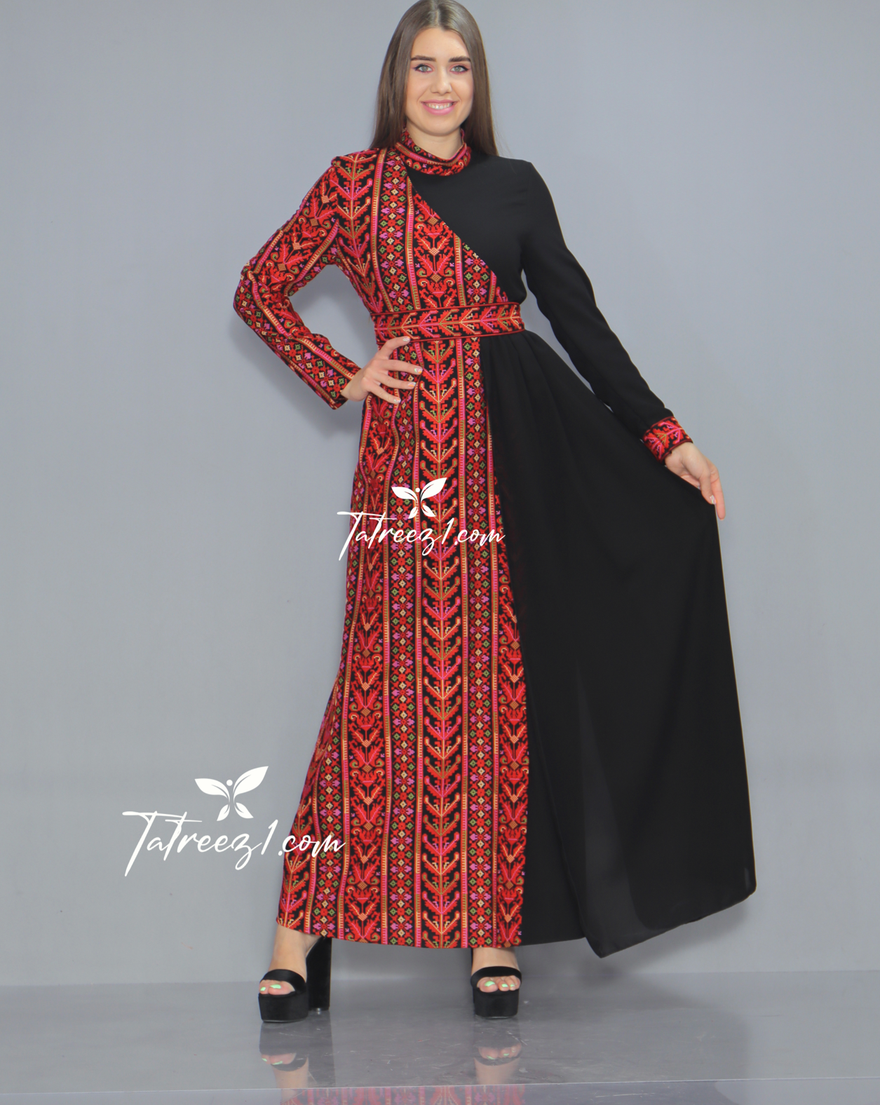 Elegant Embroidery HighNeck  Long Dress Tatreez