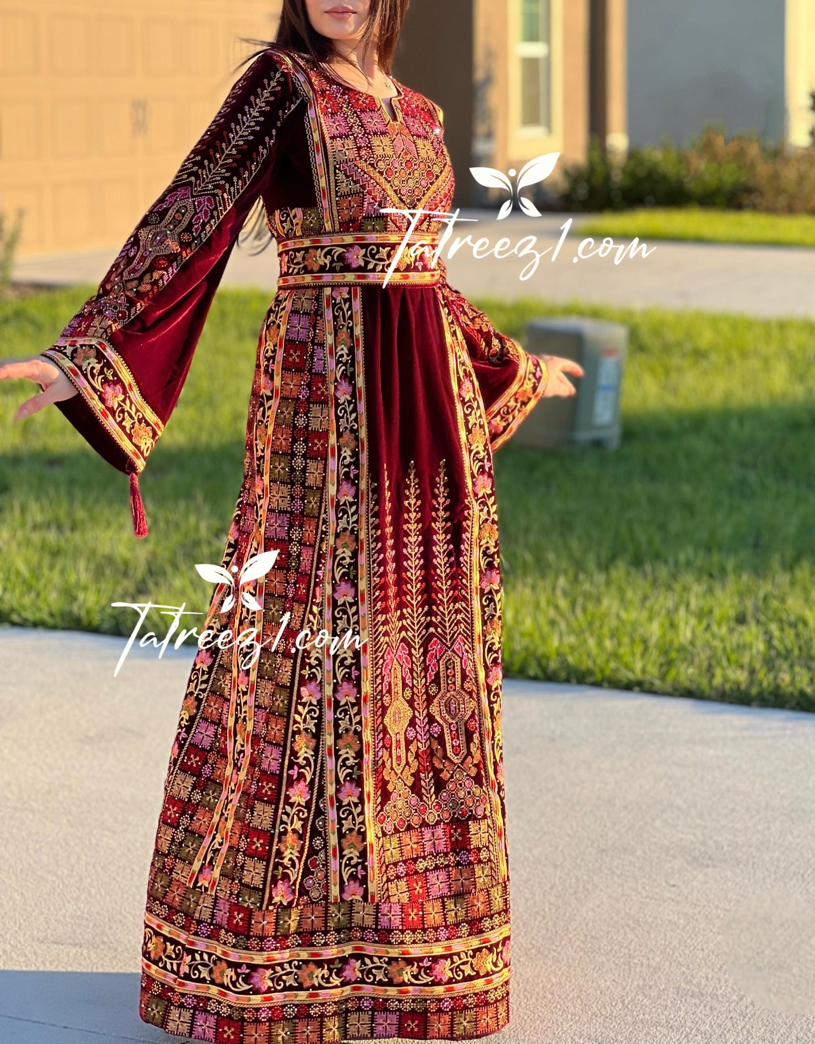 Beautiful Maroon Velvet Embroidery Stone Thoub