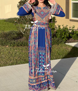 Stunning Blue Traditional Embroidery Thoub Stone Wide Sleeve Elegant