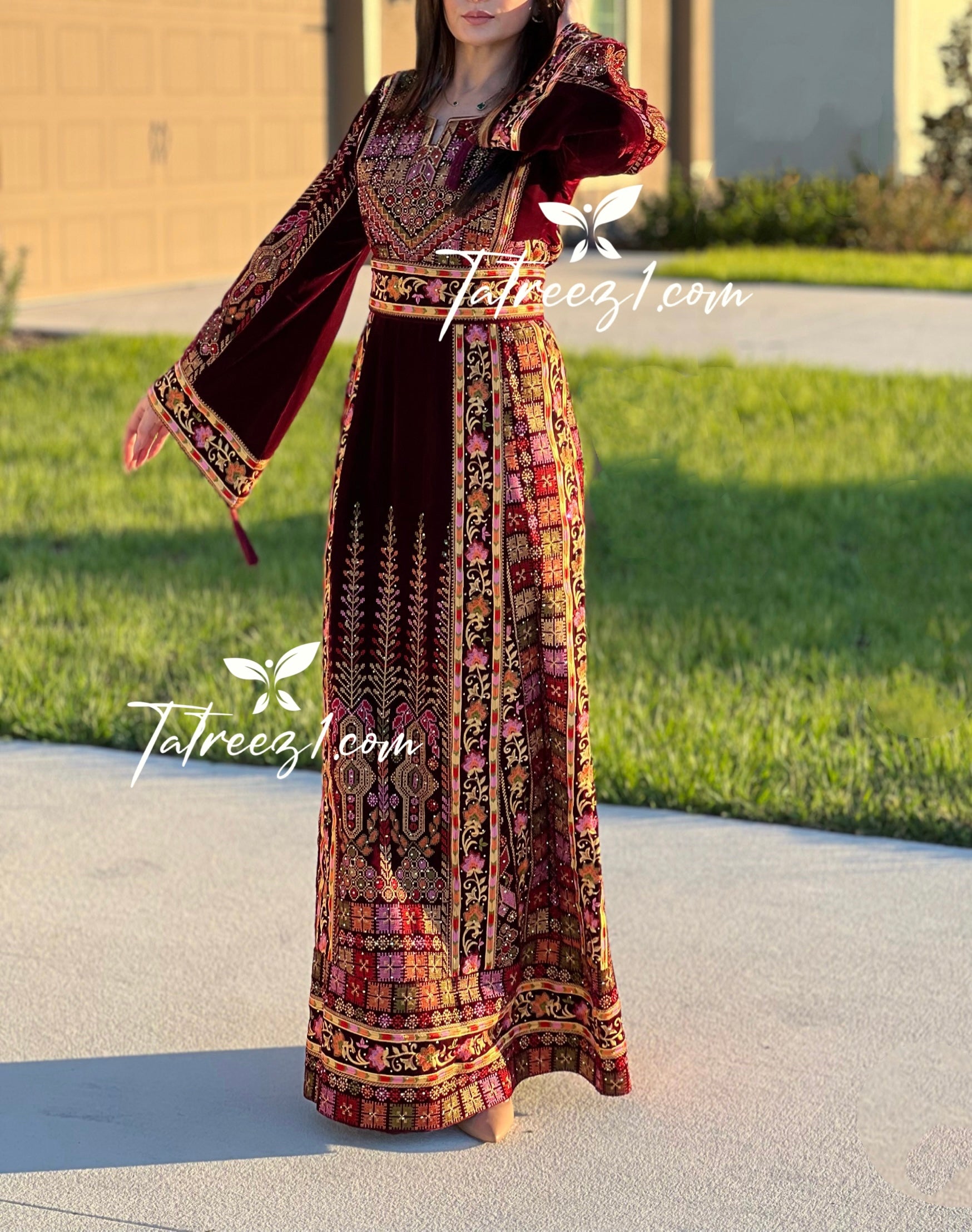 Beautiful Maroon Velvet Embroidery Stone Thoub