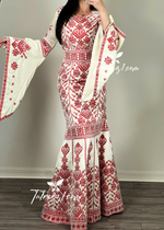 Load image into Gallery viewer, Cream Luxury Mermaid Red Embroidery Velvet Thoub
