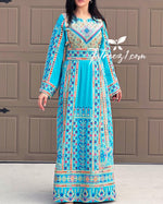 Load image into Gallery viewer, Turquoise Traditional Embroidery Thoub Stone Wide Sleeve Elegant
