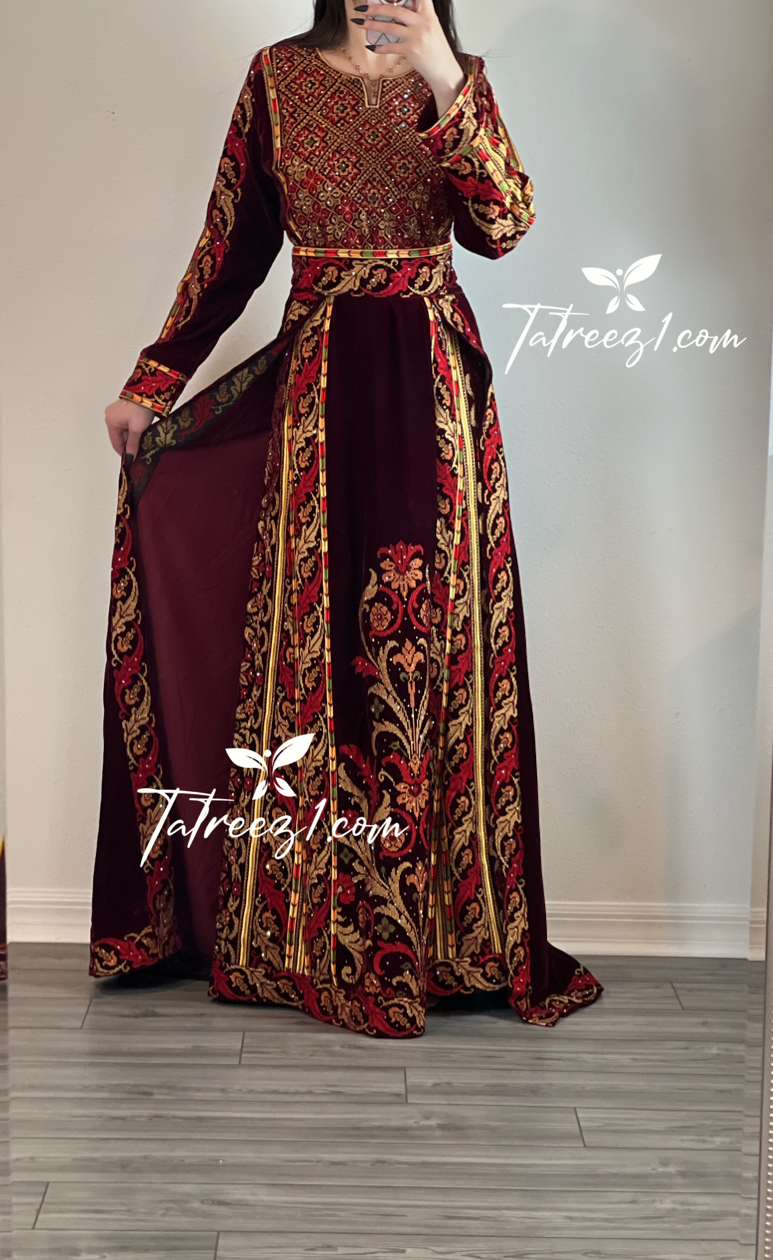 Maroon Stunning Velvet Thoub With Removable Skirt