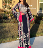 Load image into Gallery viewer, Navy Embroidery Qasab Thoub  Wide Sleeve Elegant with Reversible Belt
