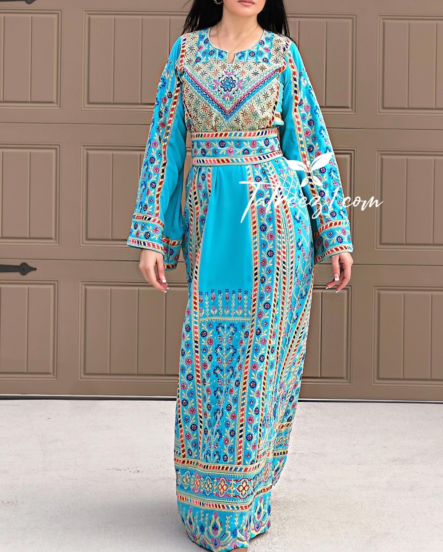 Turquoise Traditional Embroidery Thoub Stone Wide Sleeve Elegant