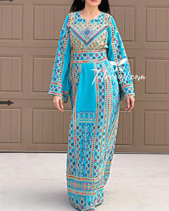 Turquoise Traditional Embroidery Thoub Stone Wide Sleeve Elegant