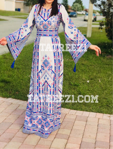 Blue/White Traditional Kashmir Embroidered Palestinian Fellahi Thobe