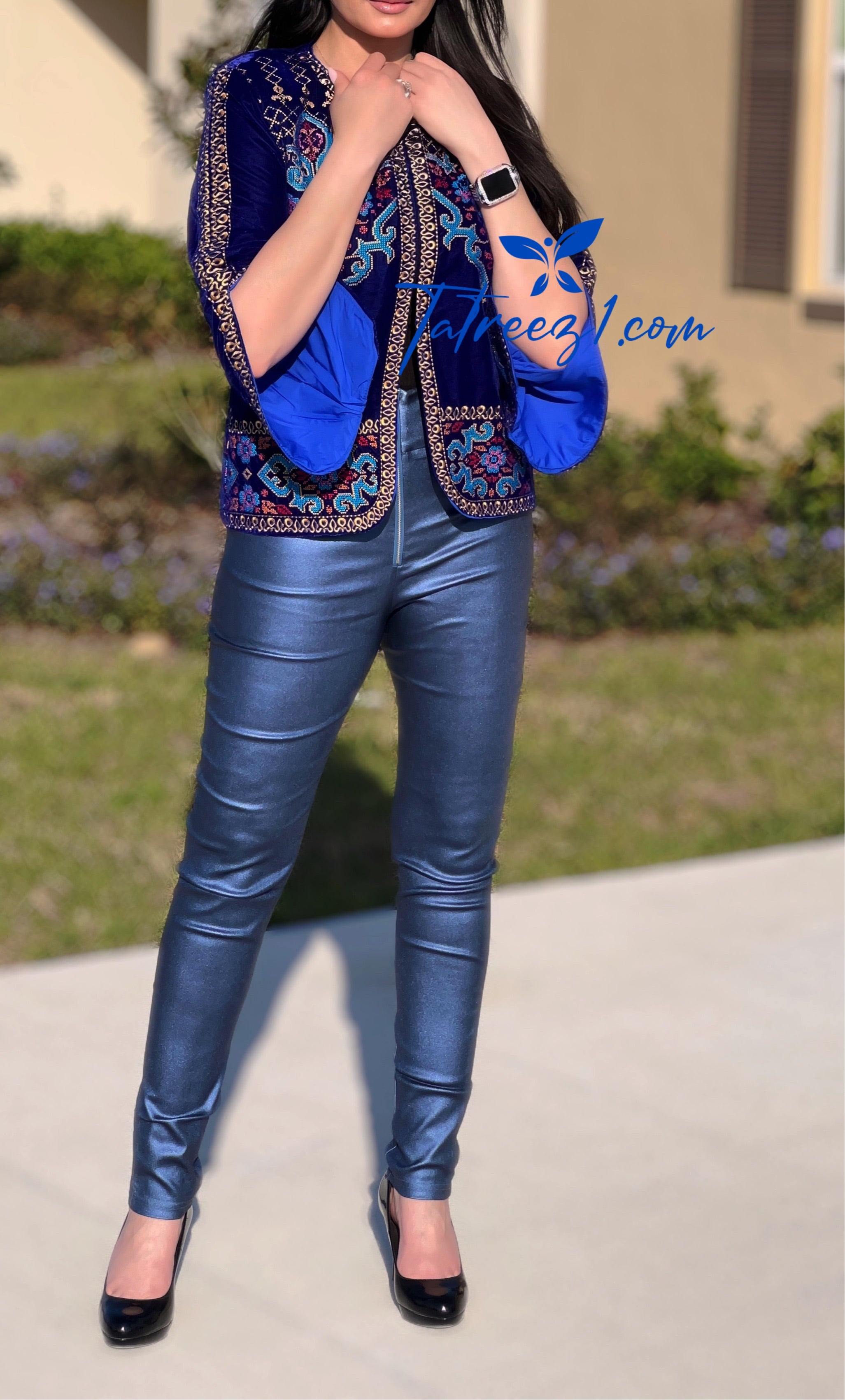 Velvet Royal Blue Short jacket Embroidery with brilliant hues