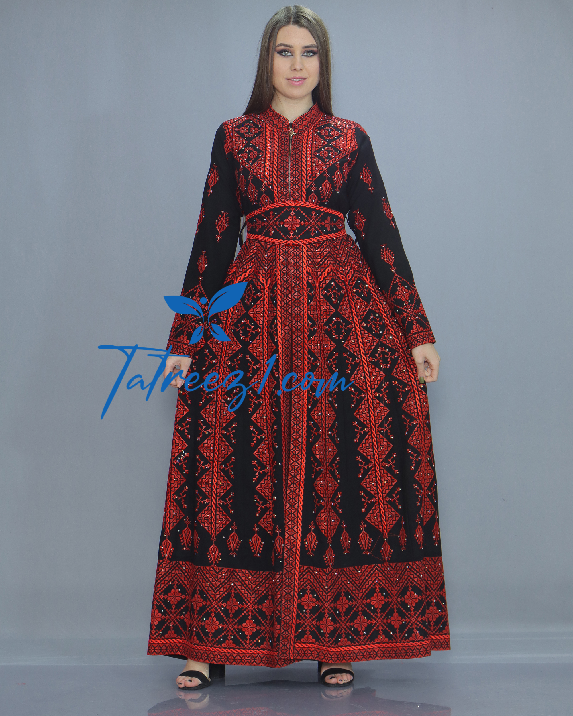 Red Embroidery Stone Caftan Long Maxi Dress