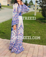 Load image into Gallery viewer, Blue/White Traditional Kashmir Embroidered Palestinian Fellahi Thobe
