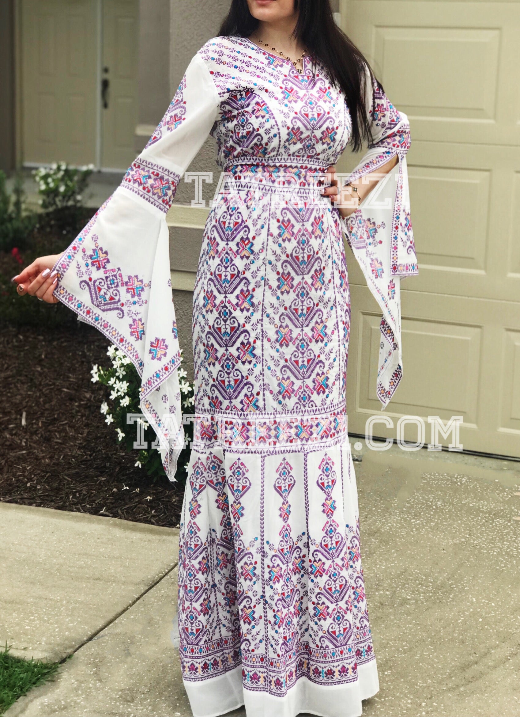 Miss Princess Off White With Purple Embroidery Long Thoub Dress