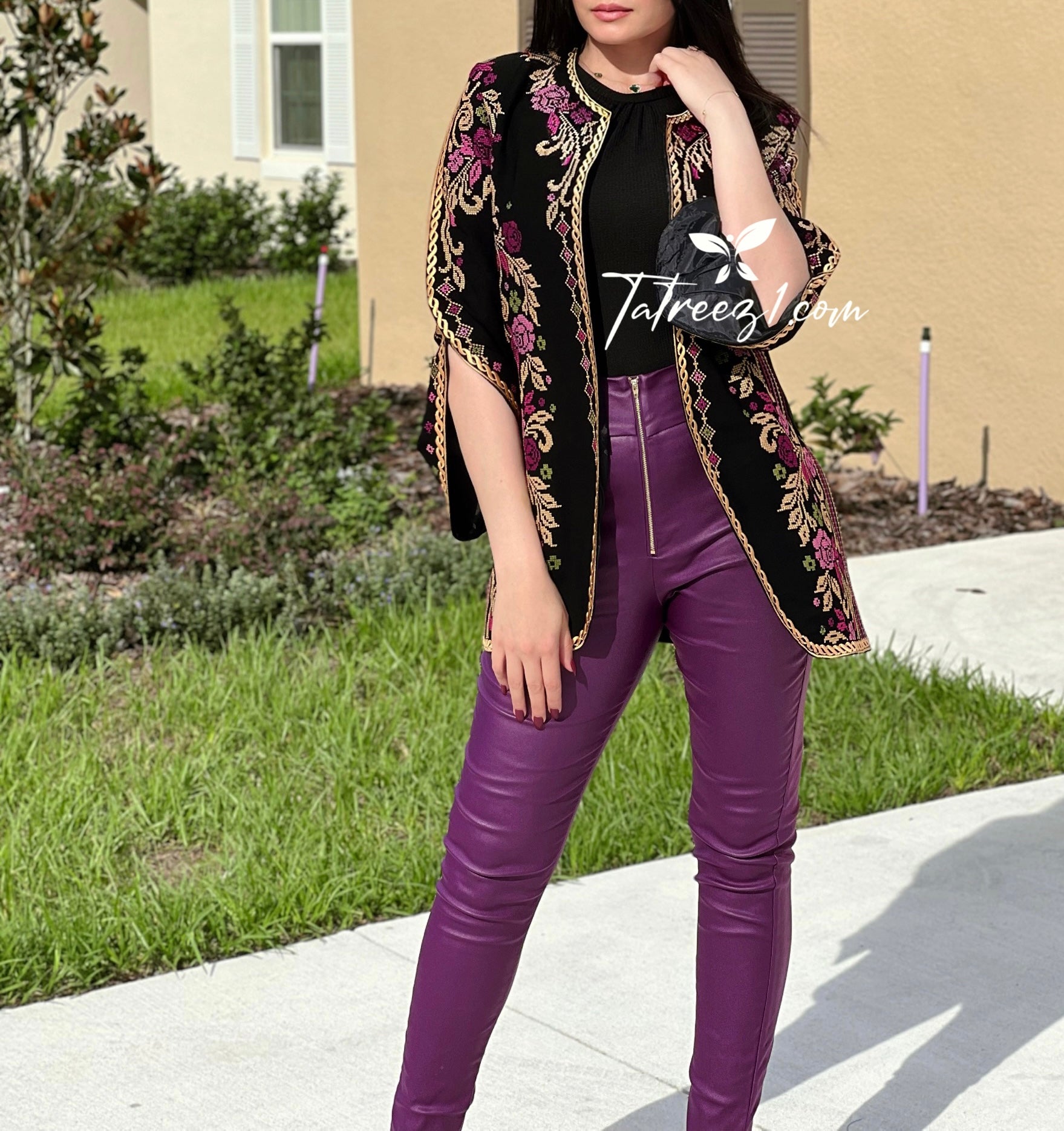 Stunning Long Jacket Purple Flowers Embroidery