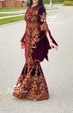 Maroon Luxury Mermaid Embroidery Velvet Thoub