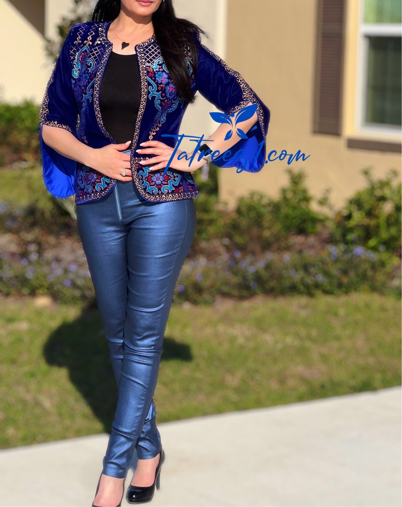 Velvet Royal Blue Short jacket Embroidery with brilliant hues