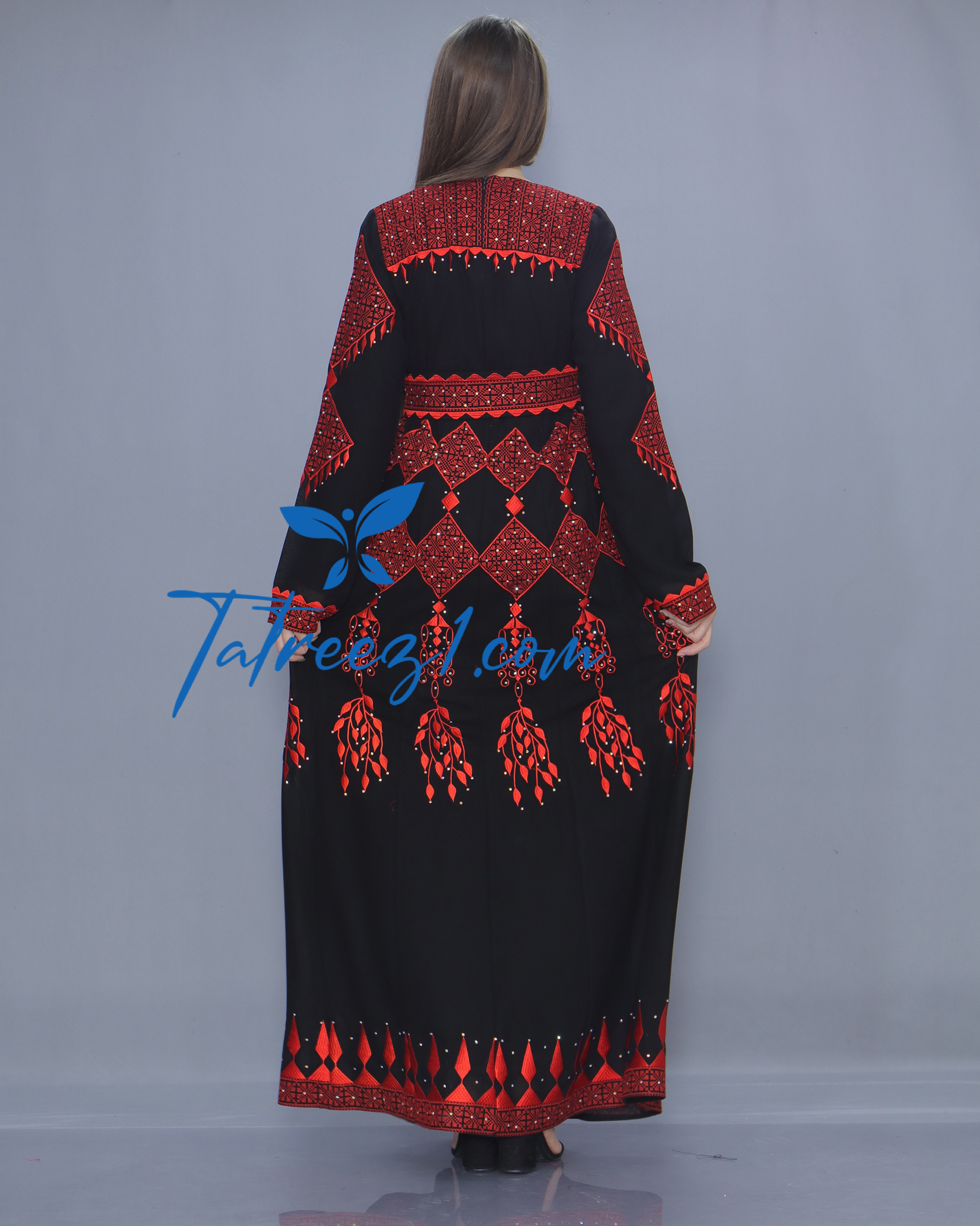 Stunning Chiffon Red & Black Embroidery Long Maxi Thoub