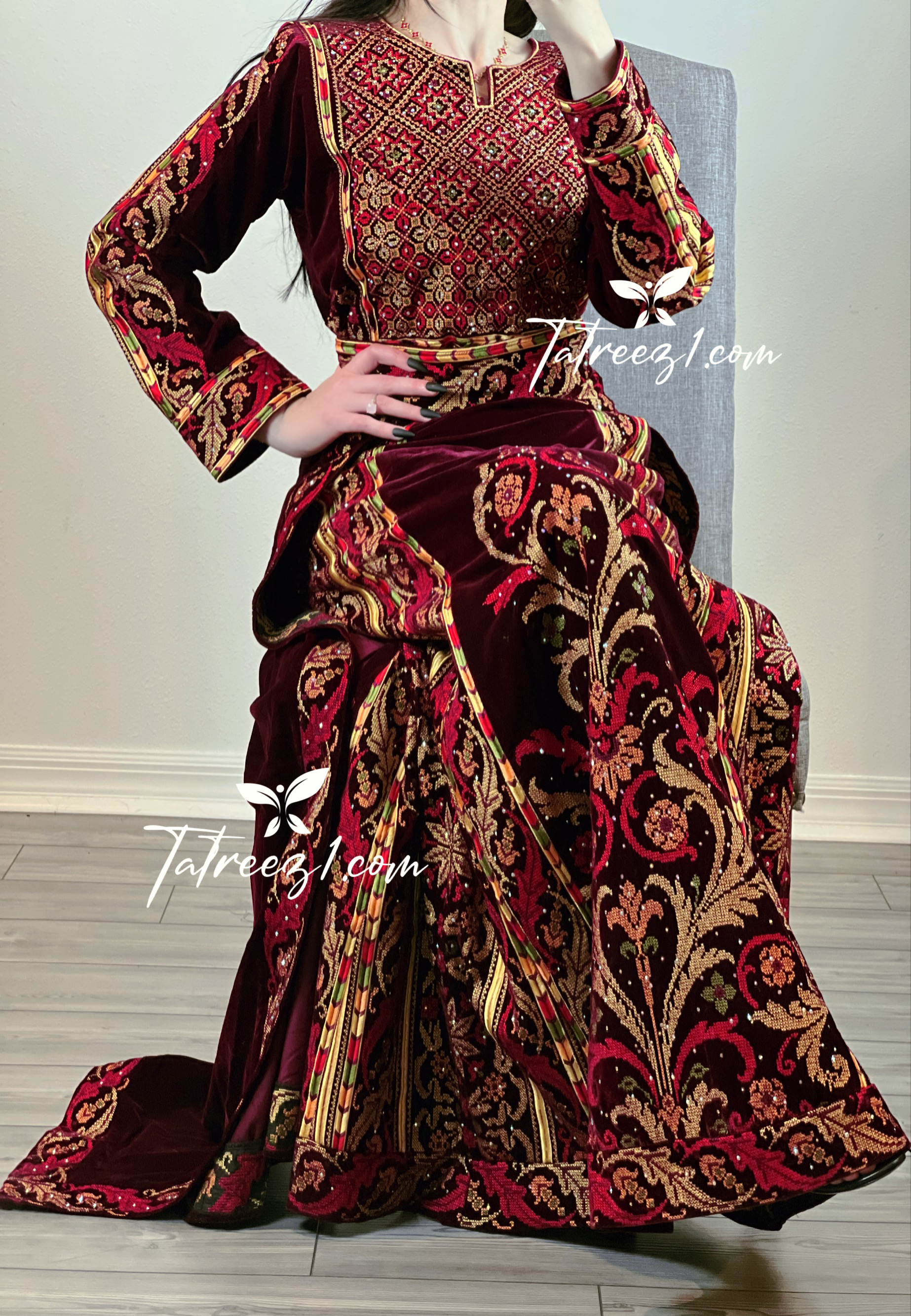 Maroon Stunning Velvet Thoub With Removable Skirt