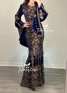 Blue Luxury Mermaid Embroidery Velvet Thoub