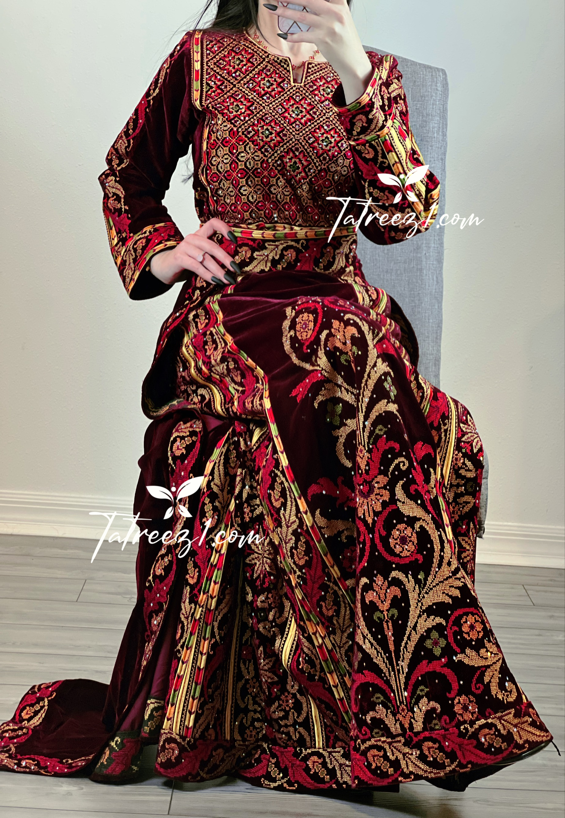 Maroon Stunning Velvet Thoub With Removable Skirt