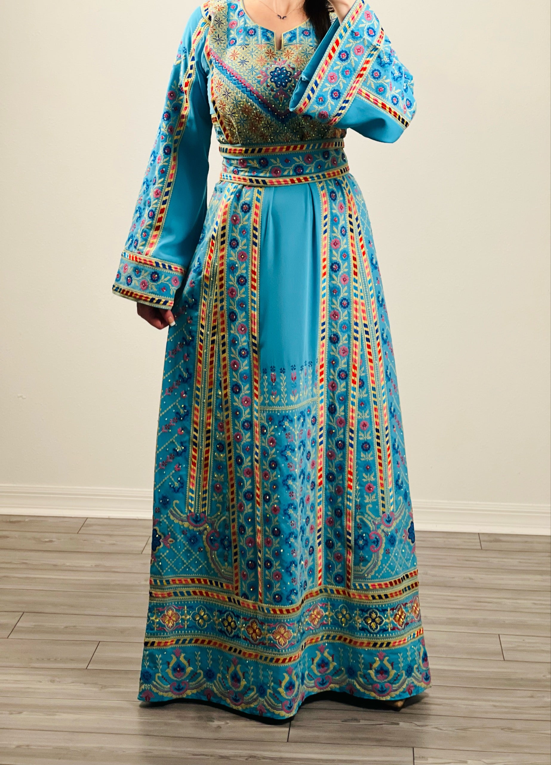 Turquoise Traditional Embroidery Thoub Stone Wide Sleeve Elegant