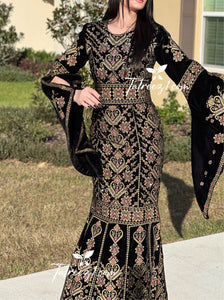 Black Luxury Mermaid Gold Embroidery Velvet Thoub