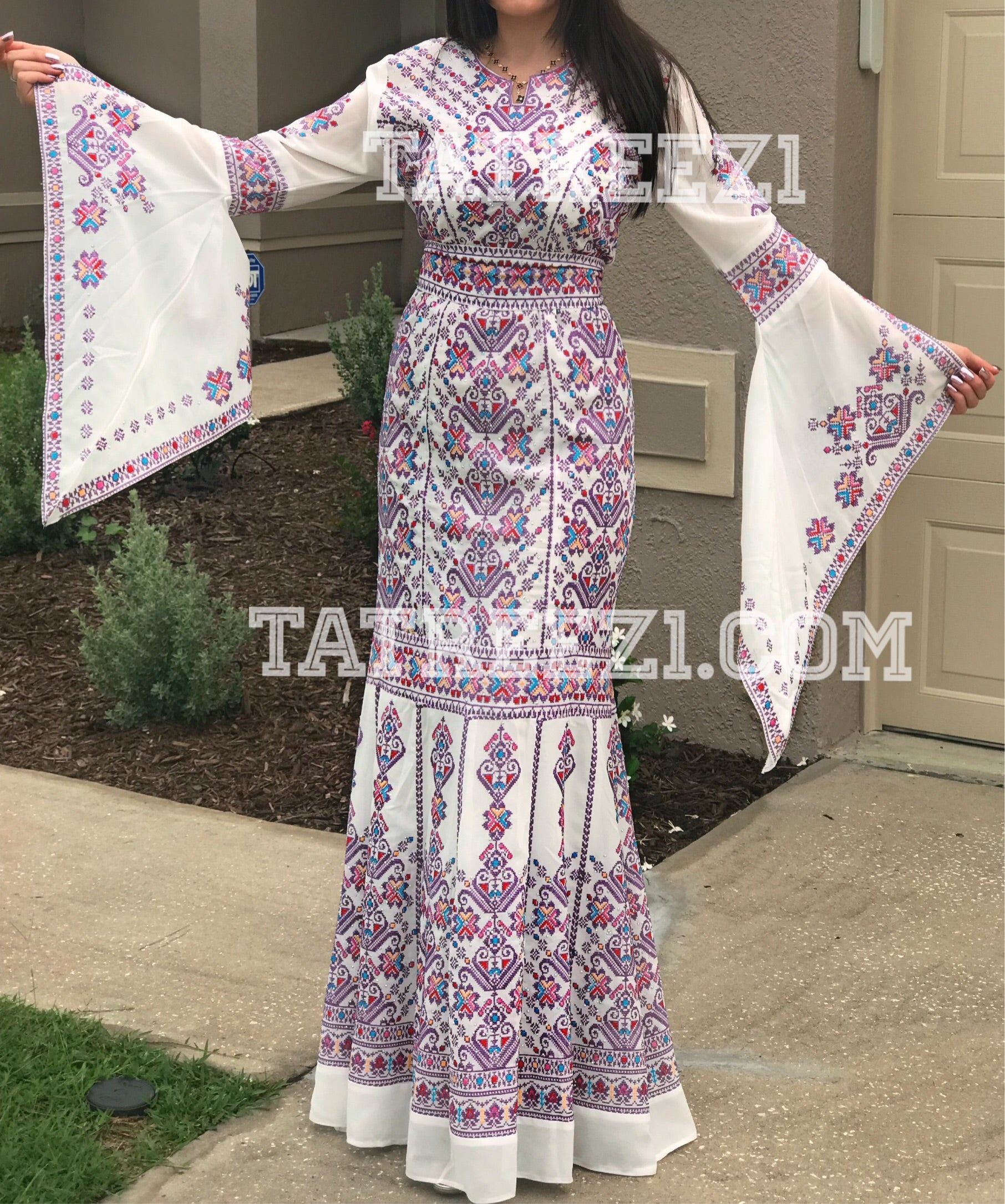 Miss Princess Off White With Purple Embroidery Long Thoub Dress