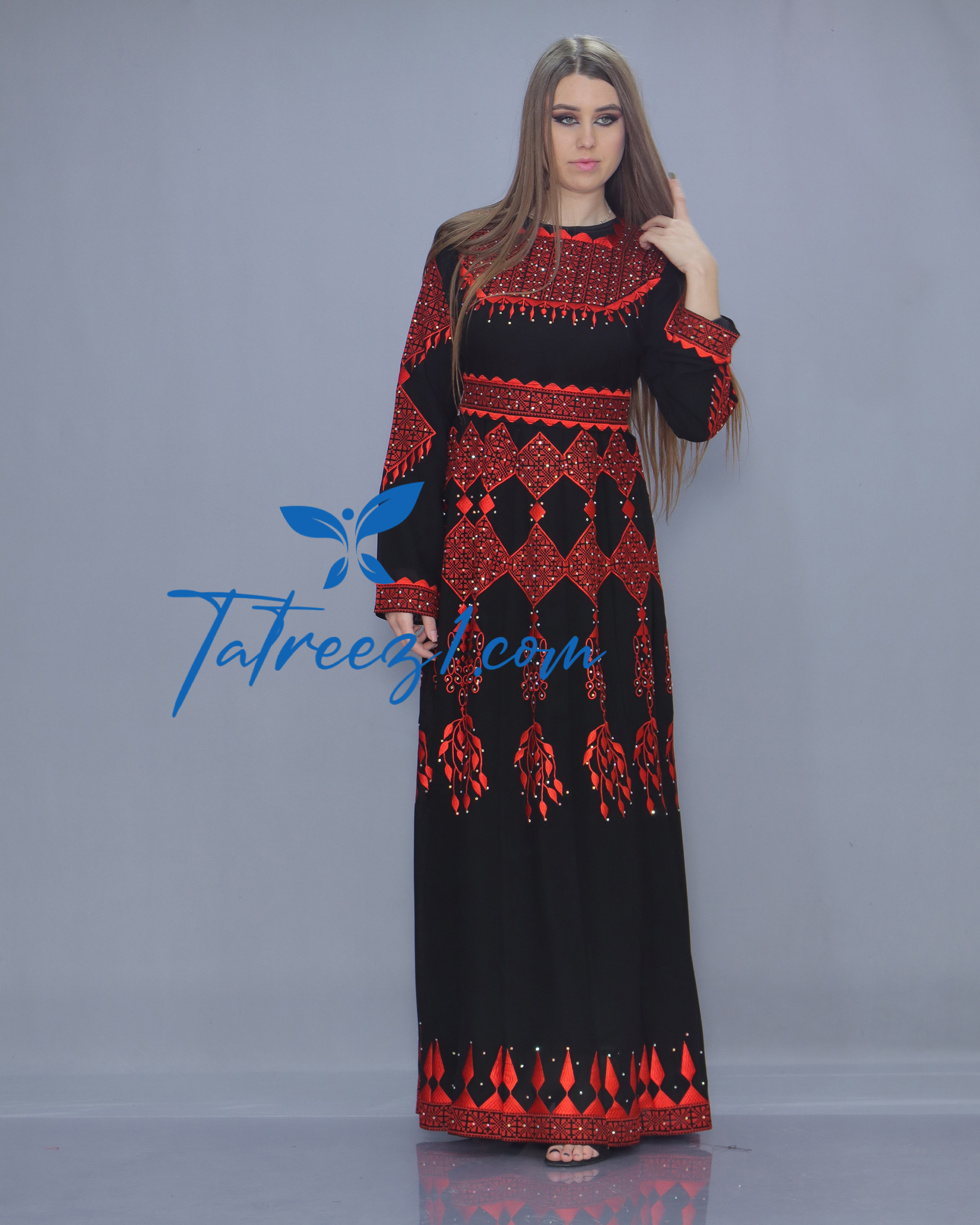 Stunning Chiffon Red & Black Embroidery Long Maxi Thoub