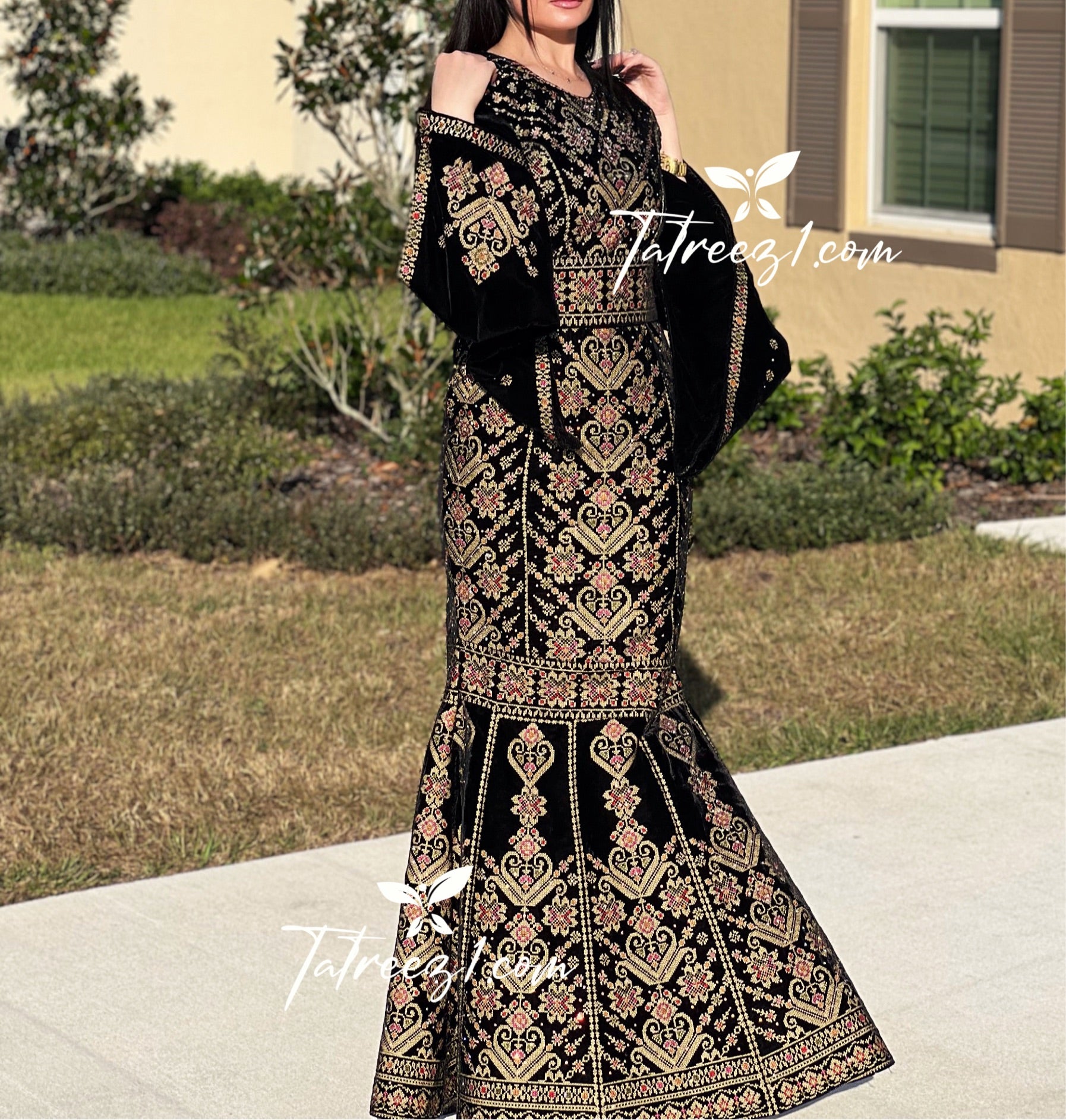 Black Luxury Mermaid Gold Embroidery Velvet Thoub