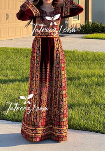 Beautiful Maroon Velvet Embroidery Stone Thoub