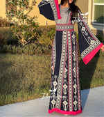 Load image into Gallery viewer, Navy Embroidery Qasab Thoub  Wide Sleeve Elegant with Reversible Belt
