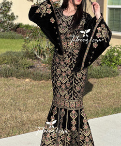 Black Luxury Mermaid Gold Embroidery Velvet Thoub