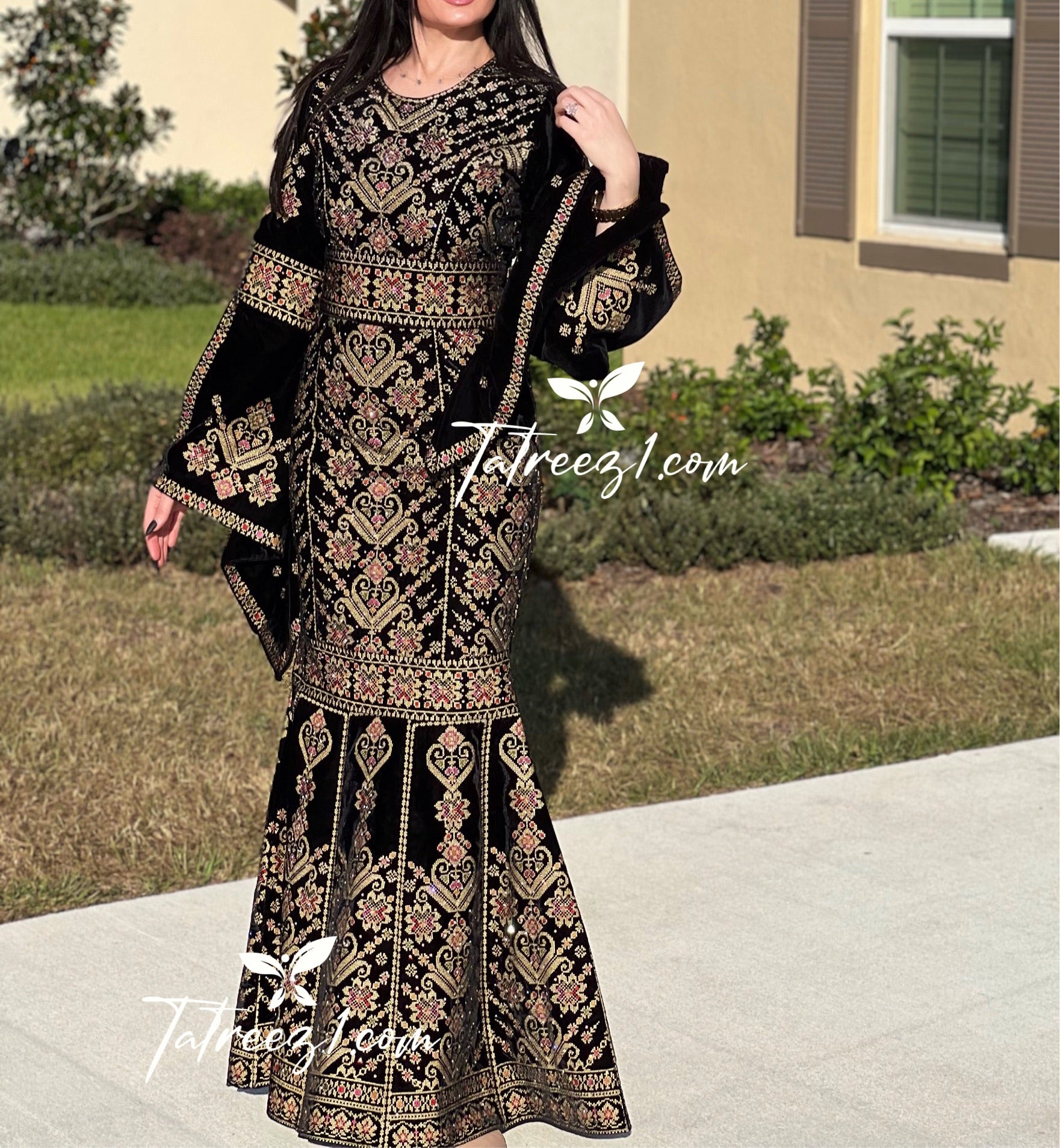 Black Luxury Mermaid Gold Embroidery Velvet Thoub