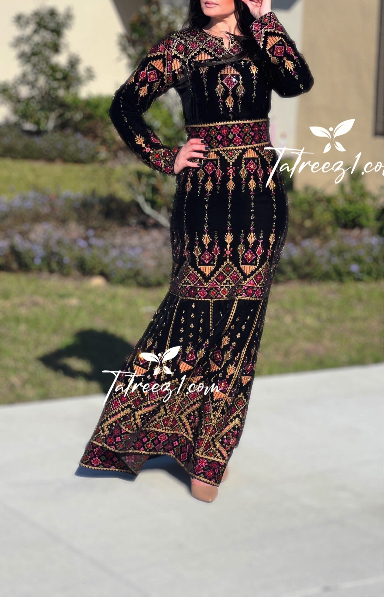 Black Stunning Mermaid Multicolored Embroidery Velvet Thoub