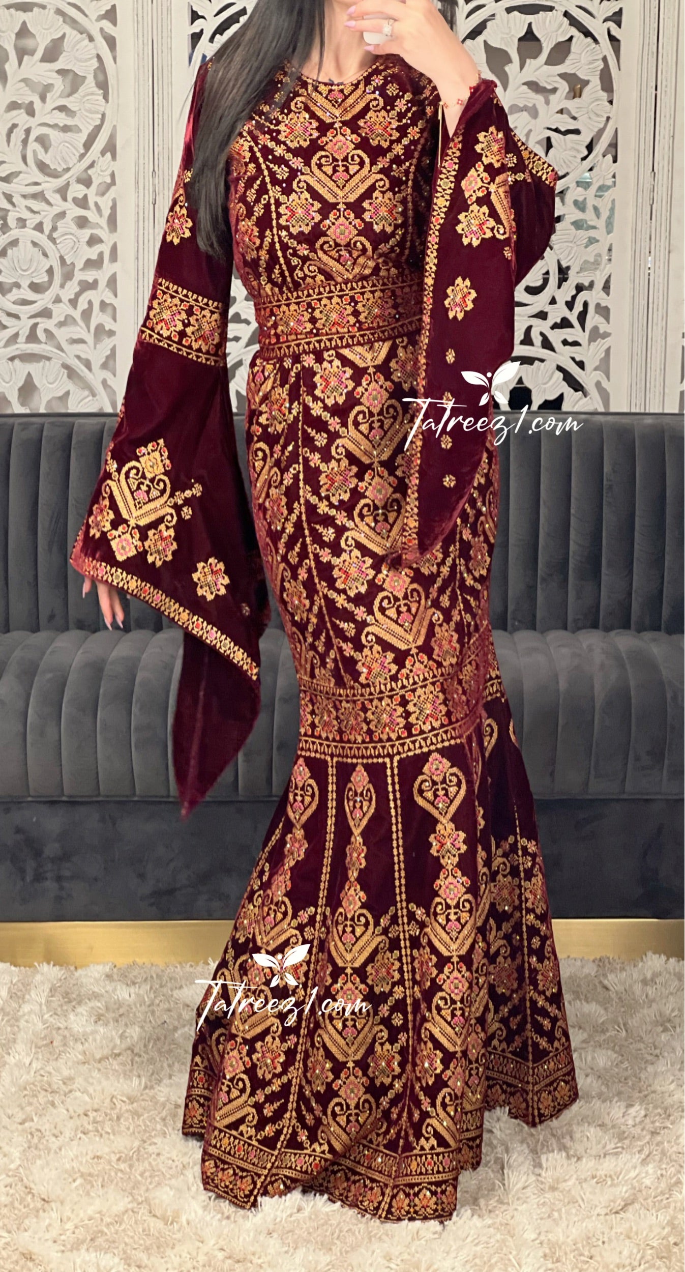 Maroon Luxury Mermaid Embroidery Velvet Thoub