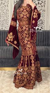 Maroon Luxury Mermaid Embroidery Velvet Thoub