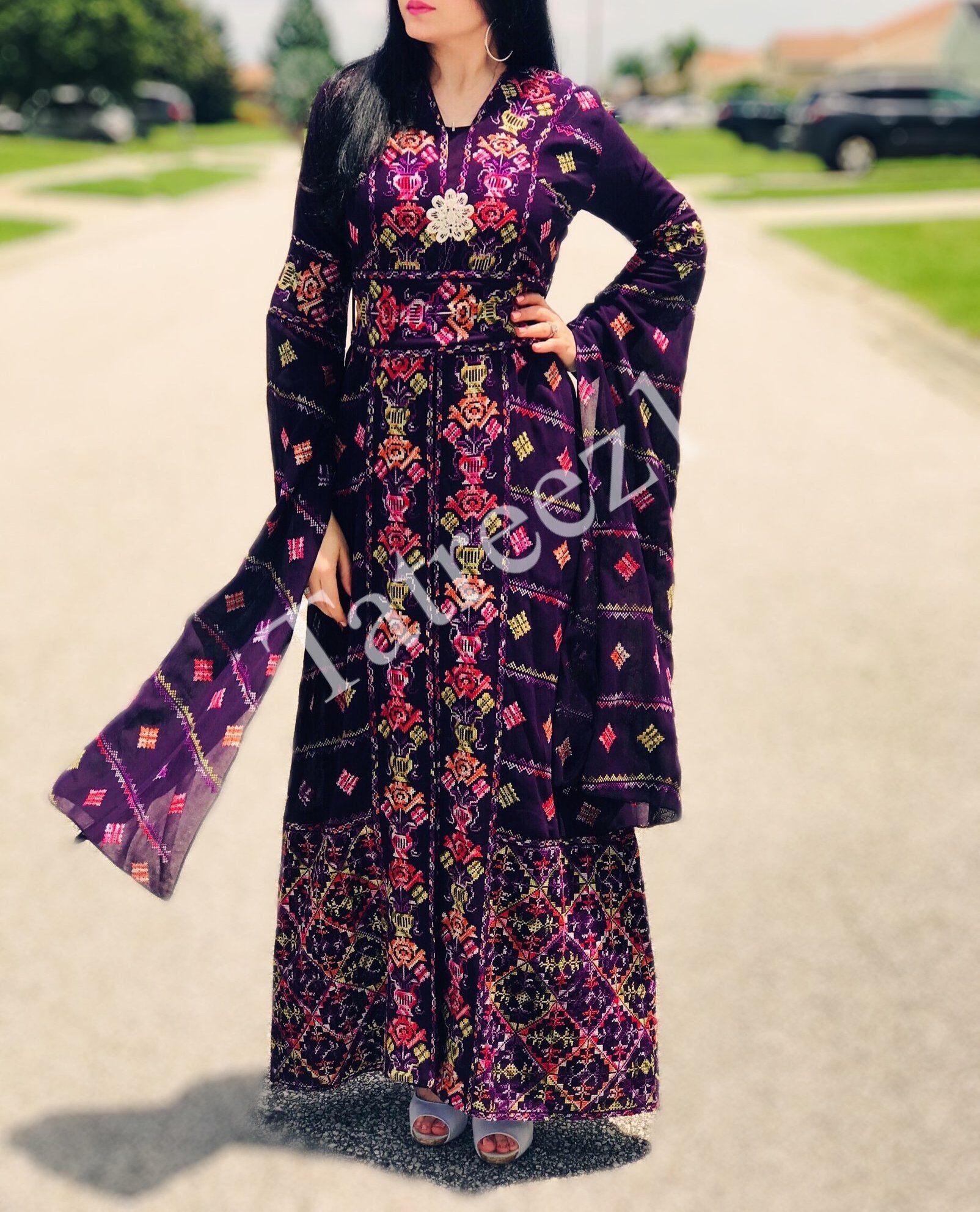 Modest Draped Sleeve flowers Embroidery 2 PC Dress