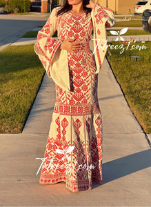 Cream Luxury Mermaid Red Embroidery Velvet Thoub