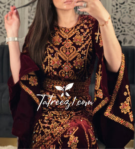 Maroon Luxury Mermaid Embroidery Velvet Thoub