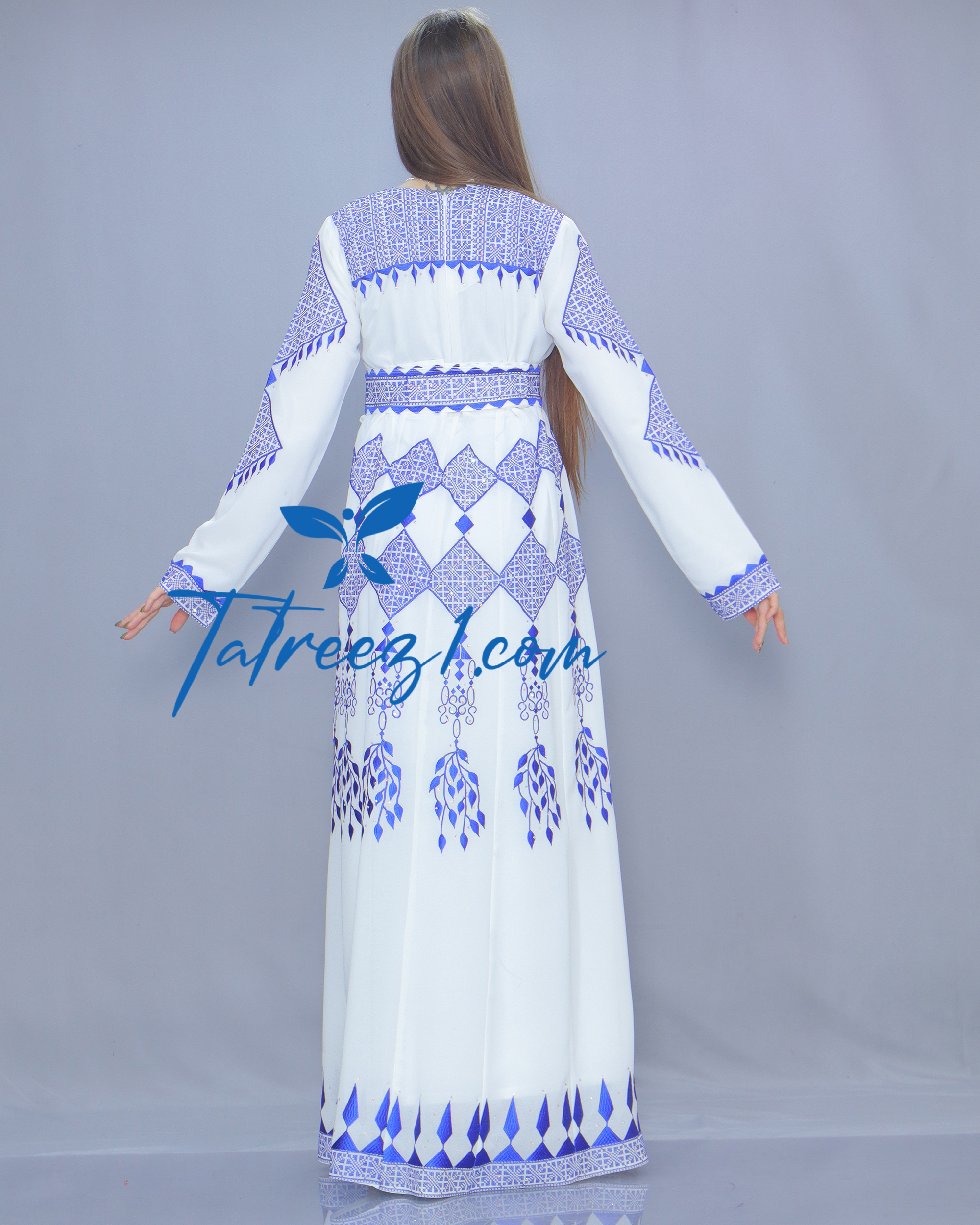 Stunning Chiffon White& Blue Embroidery Long Maxi Thoub