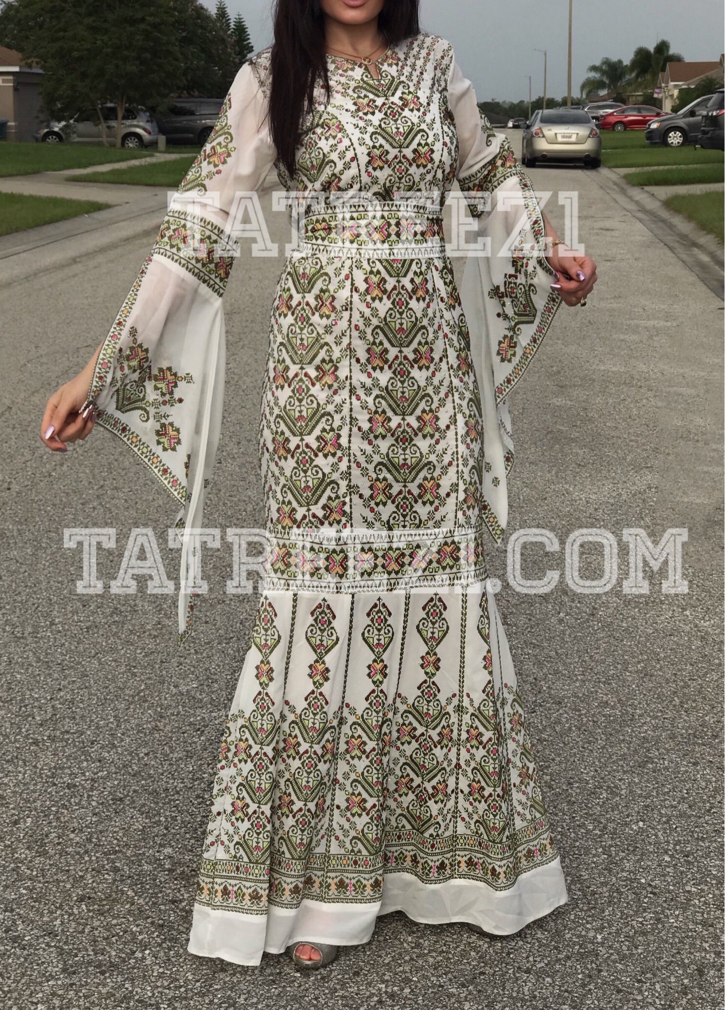 Miss Princess Off White With Green Embroidery Long Thoub Dress