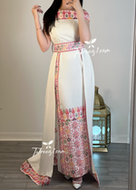 Load image into Gallery viewer, Off White Off Shoulder Floral Embroidered Overskirt Long Dress
