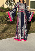 Load image into Gallery viewer, Navy Embroidery Qasab Thoub  Wide Sleeve Elegant with Reversible Belt
