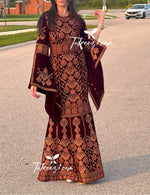 Load image into Gallery viewer, Maroon Luxury Mermaid Embroidery Velvet Thoub
