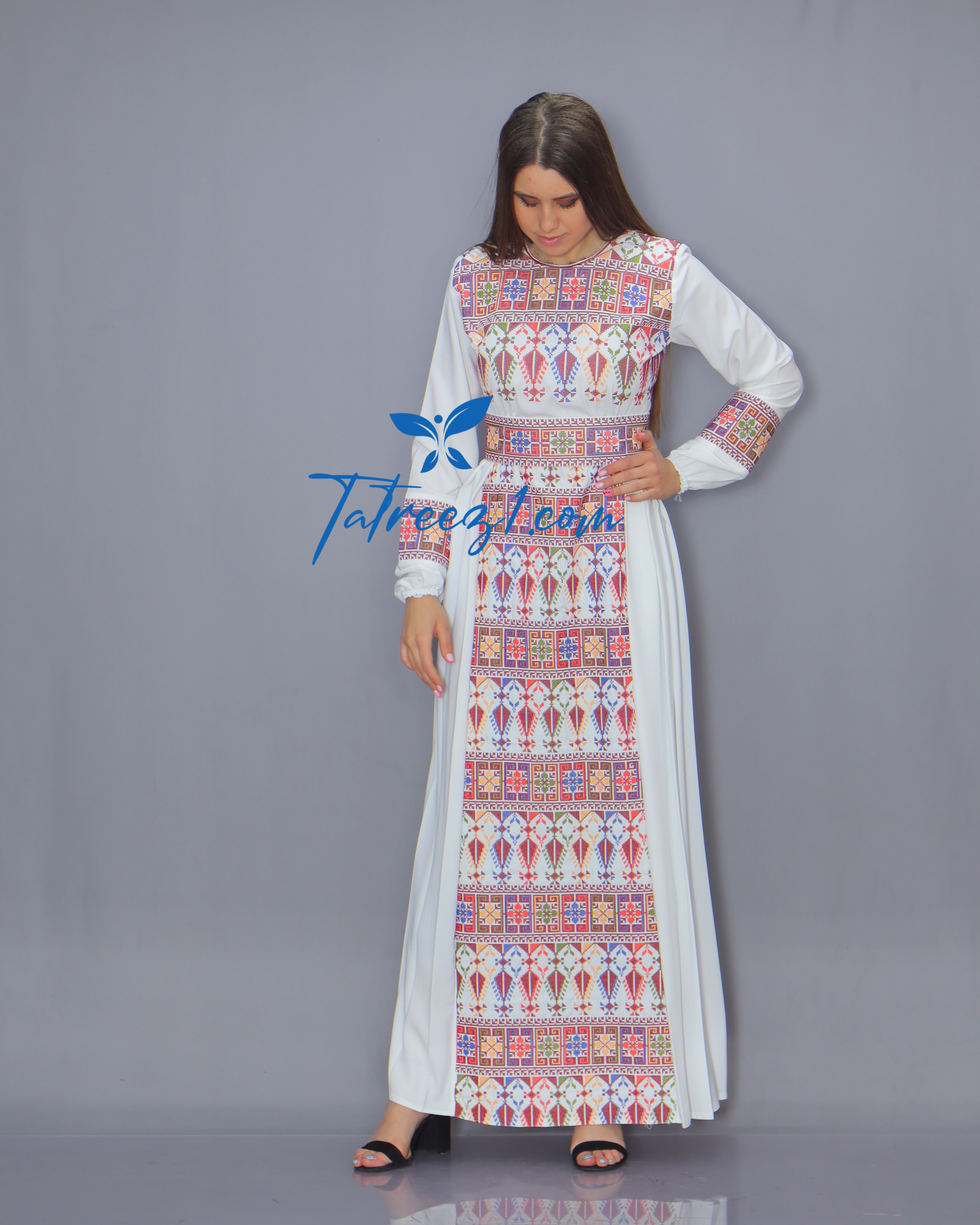 Colorful Simple Modest Embroidered Long Dress