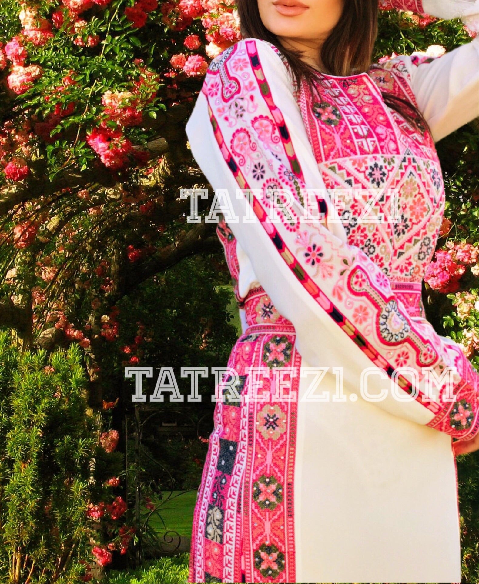 Pink Tatreez Traditional Palestinian Thoub Embroidery Dress