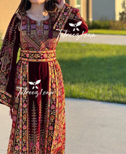 Beautiful Maroon Velvet Embroidery Stone Thoub