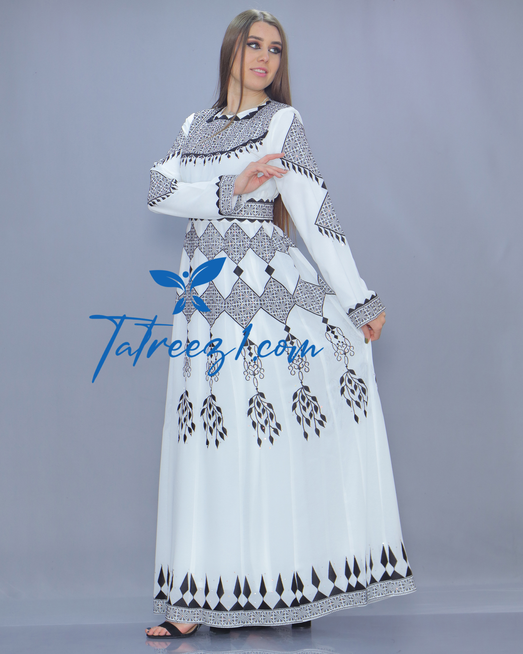 Stunning Chiffon White & Black Embroidery Long Maxi Thoub